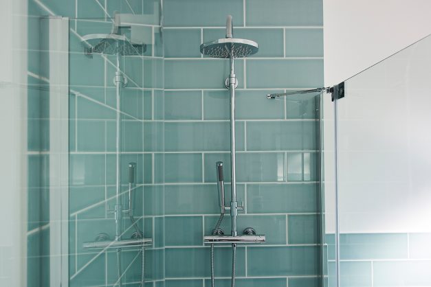 Detail of azure blue bathroom tiles